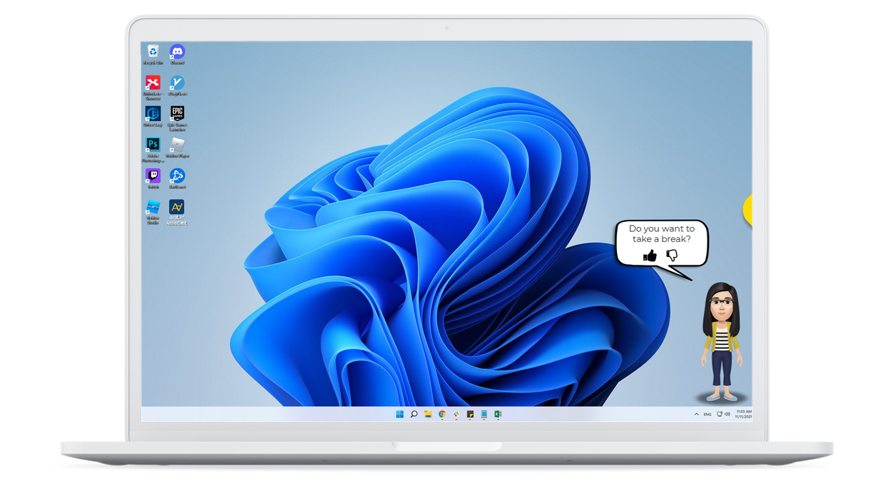 Laptop in der Desktop-Ansicht mit einem Gamification-Avatar, der eine Frage stellt
