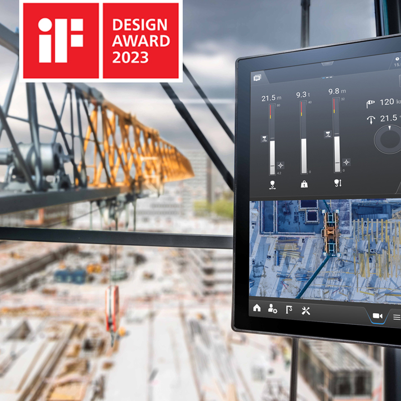 Bedienung eines LIEBHERR-Krans mit Logo iF DESIGN AWARD 2023