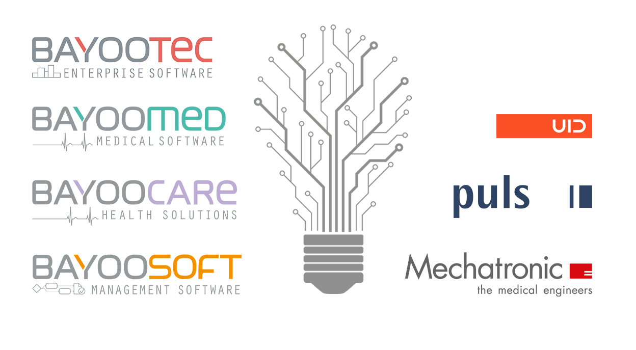 Mitglieder der BAYOONET Group: BAYOOTEC, BAYOOMED, BAYOOCARE, BAYOOSOFT, UID, Puls Produktdesign, Mechatronic