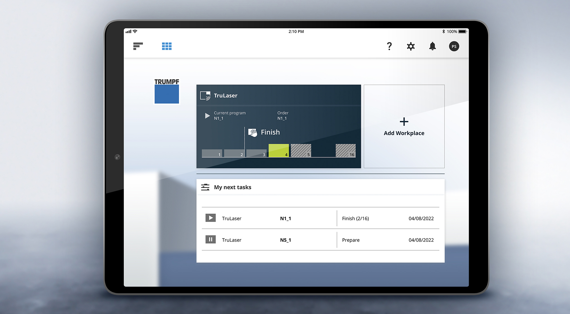 User Interface der App OSEON von TRUMPF