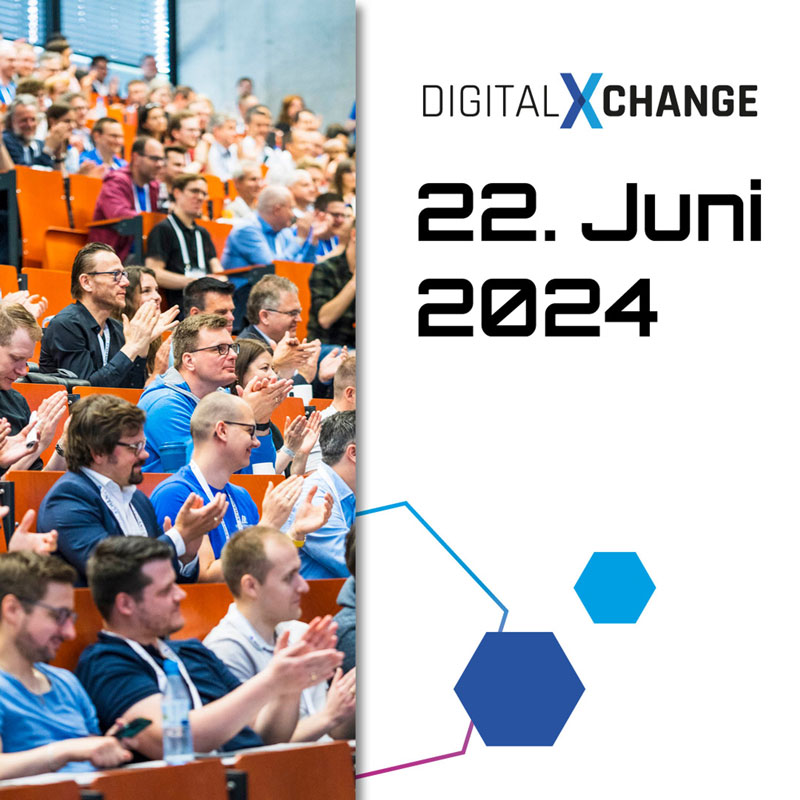 DigitalXChange Logo mit Datum und Menschen im Hörsaal