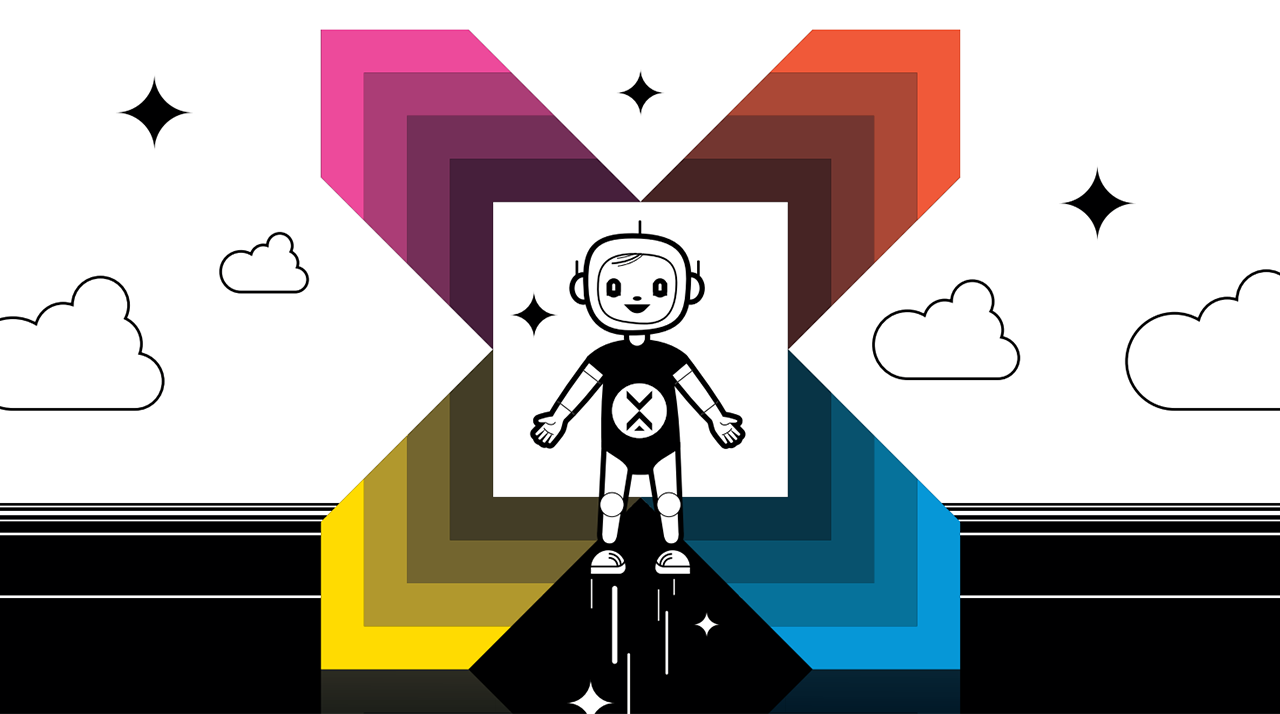 MatchMAXing_1280 Ein kleiner Roboter steht in der Mitte eines X