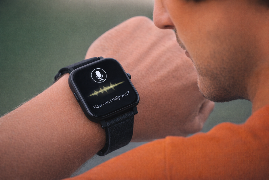 UID_Insight_Smartwatch_Sprachassistenz Mann benutzt seine Smartwatch, um seinen Sprachassistenten zu verwenden