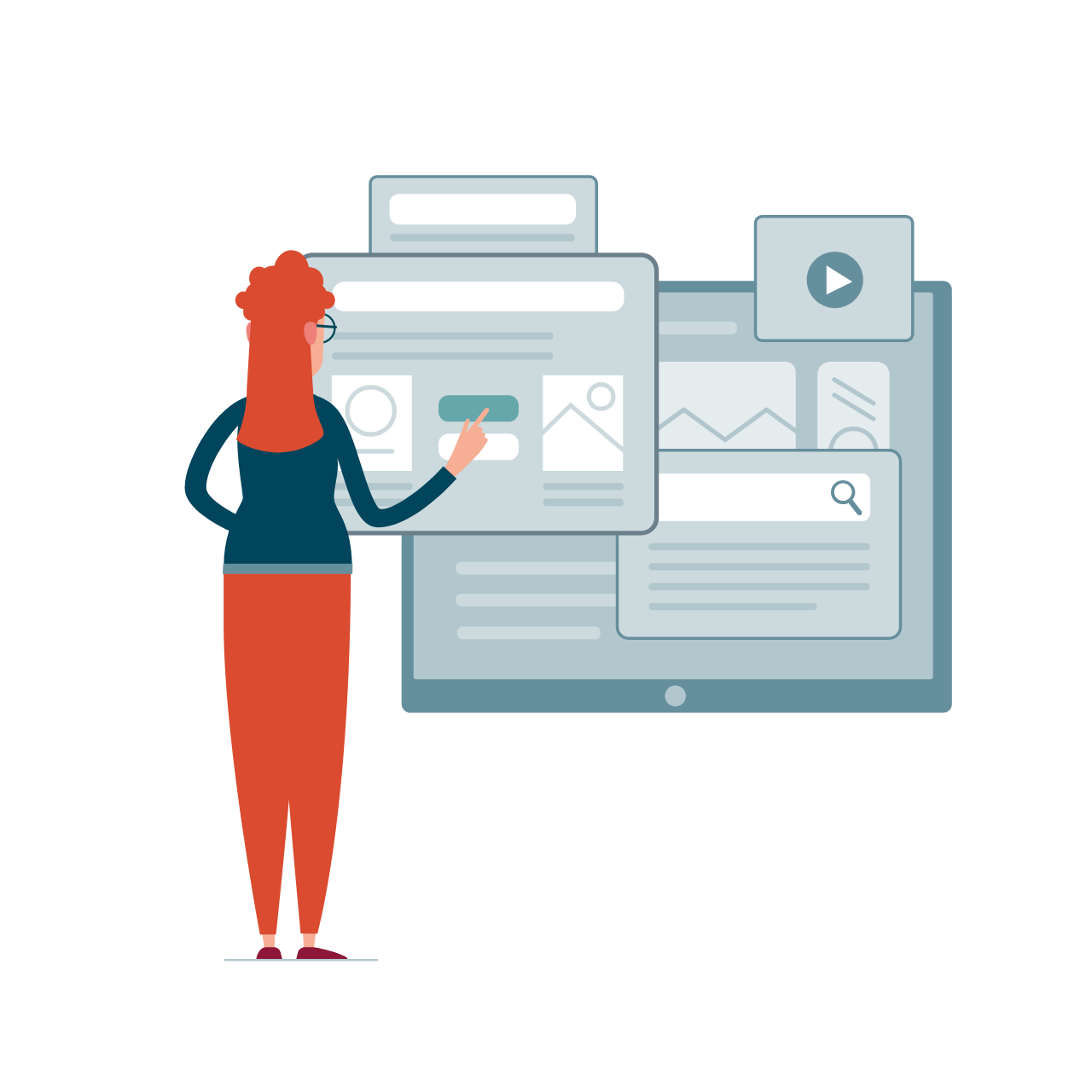 UID_LP_Testbirds_1 Illustration: Nutzerin interagiert mit Wireframes