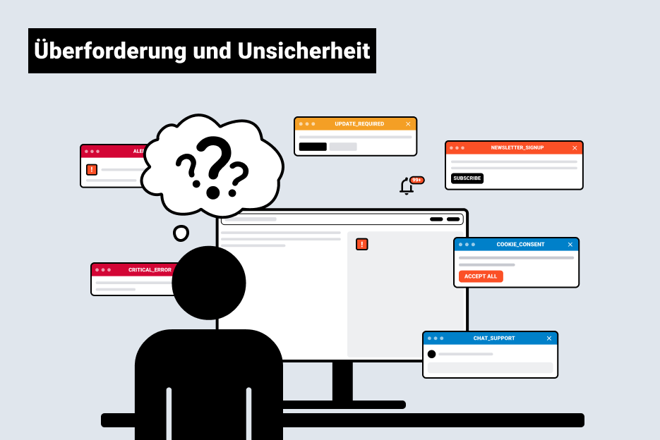 Nutzer vor Computer mit mehreren Pop-up-Fenstern – kognitive Überforderung im UX-Design