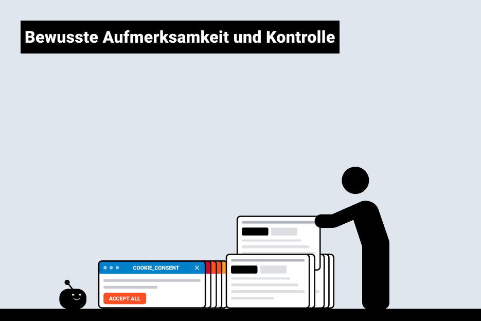 Nutzer sortiert Dokumente neben Cookie-Banner und Roboter – Bewusste Aufmerksamkeit und Kontrolle im UX-Design