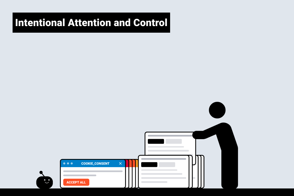 Insight_CalmUX_en_7.png User sorting documents next to cookie banner and robot – intentional attention and control in UX design