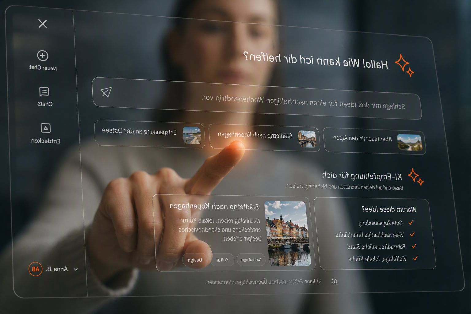 Insight_HCA_01 KI-Chatbot-Interface mit deutschen Sprachvorschlägen auf einem transparenten Display – eine Hand tippt auf eine Reiseempfehlung