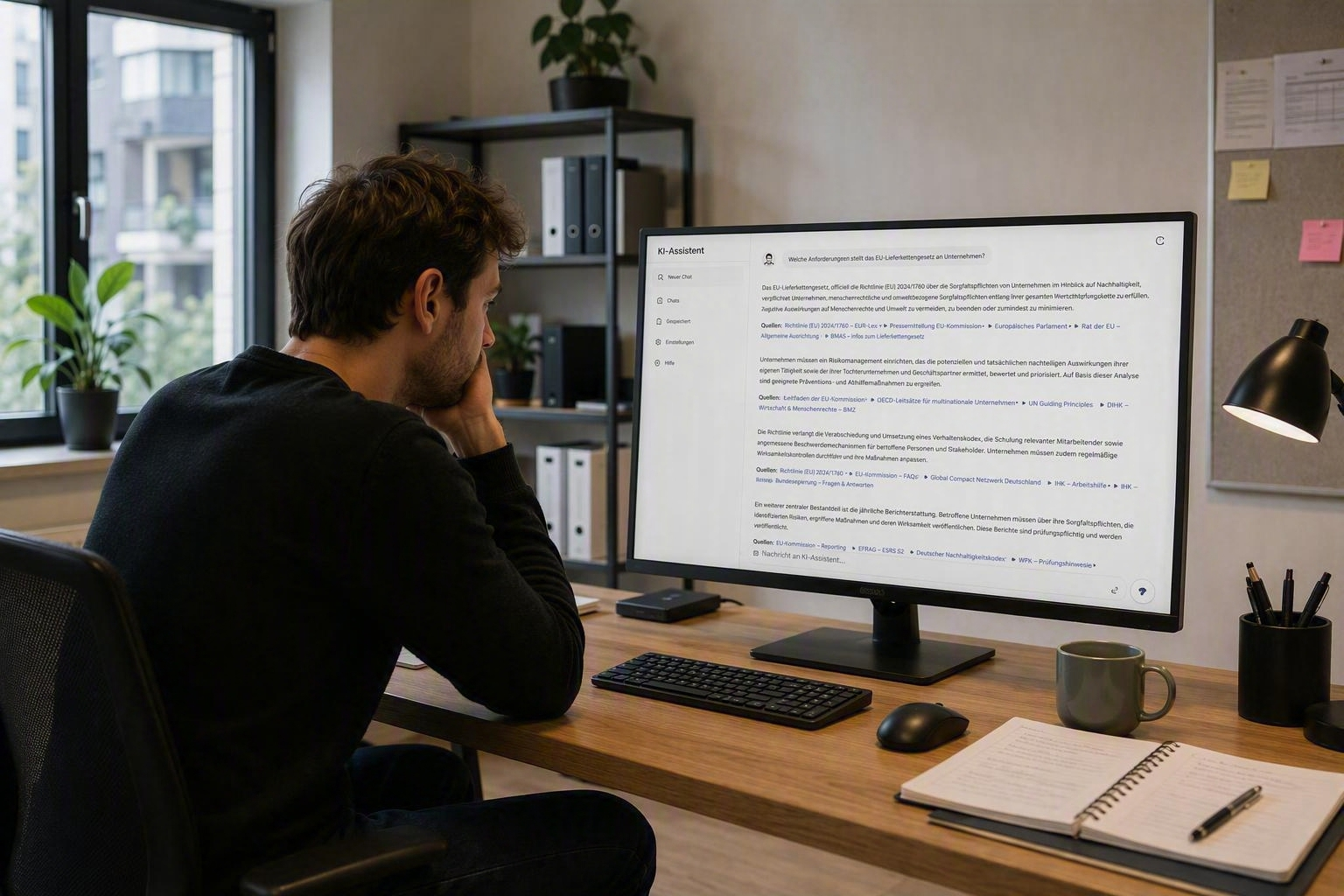 Insight_HCA_02 Mann am Schreibtisch liest KI-Assistent-Antworten zum EU-Lieferkettengesetz auf einem Computerbildschirm