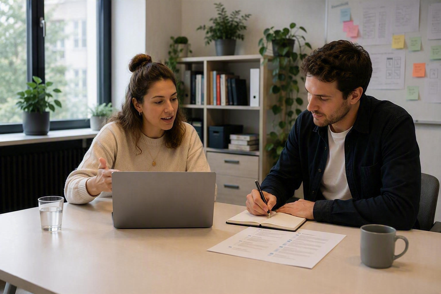 Insight_HCA_04 Zwei Kolleginnen und Kollegen besprechen am Tisch gemeinsam Inhalte auf einem Laptop